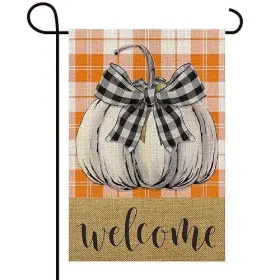 Sj003 Ke Rui Welcome Bow Pumpkin Orange Check Plaid Decor Double Sided Vertical Burlap