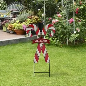 2072hm-ve Xinan Cftats Christmas Candy Cane Garden Stake Decor Metal Hanging Welcome Sign #3